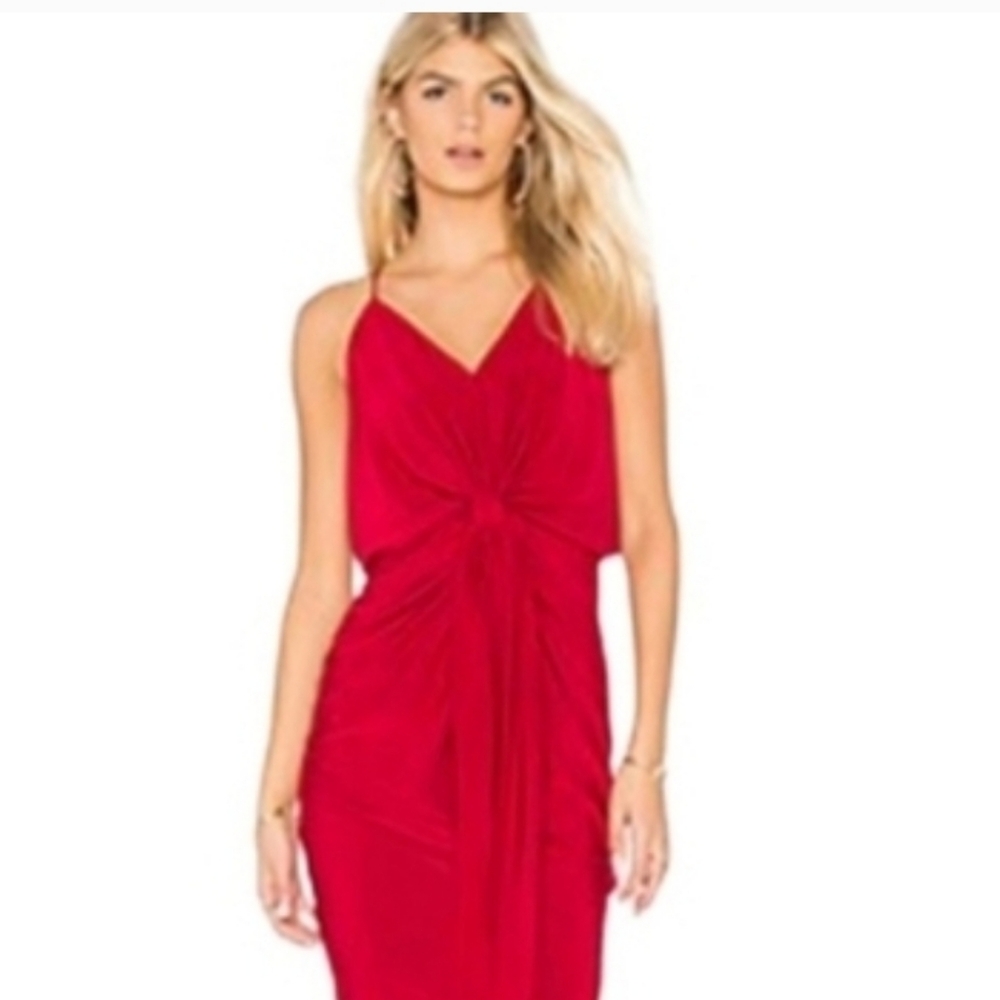 Misa Los Angeles Domino Mini Dress Twisted Knot V Neckline All-Red Luxury